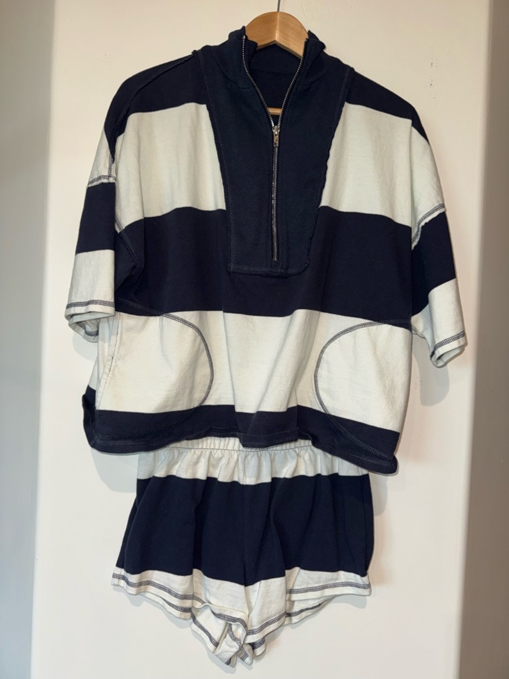 FreePeople Striped Navy and White Half-Zip Sweatshirt & Shorts Set